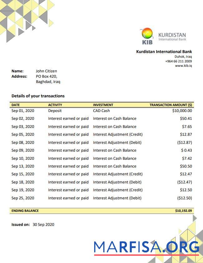 Downloadable Iraq Kurdistan International bank statement word sample